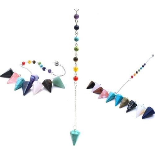Small Size Stone Pendulum for Dowsing Amethysts Lapis Opal Crystal Cone Healing Chakra Chain Hexagonal Pendants Pendulo Jewelry
