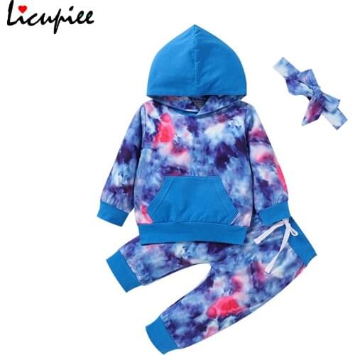 3 Pcs Newborn Tie-dye Outfits, Toddler Long Sleeve Front Pocket Hoodie + Ribbon Trousers + Headband 0-3 Years