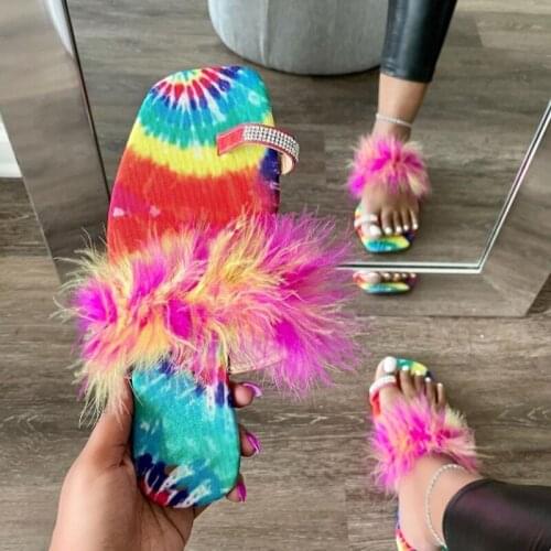 Summer Plush Flat Slippers All Over Toe Womens Shoes Sandals Outdoor Fashion Rhinestone Handmade Womens Shoes Plus Size