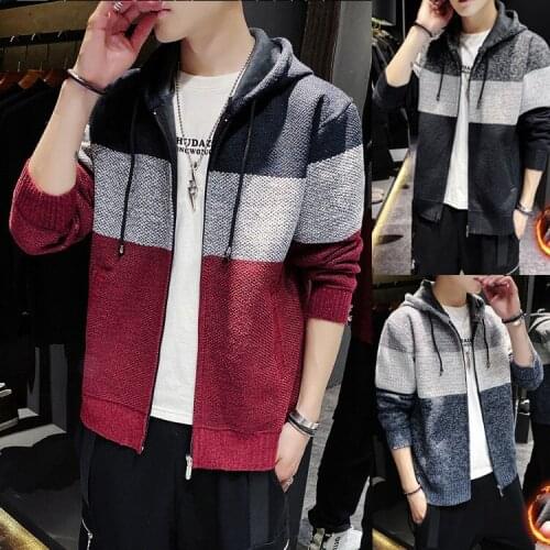 Fashion Blue Men Cardigan Sweater Hoodie Jacket Thicken Korean Trend Knitted Sweaters For Men Red Autumn Outerwear Coat Tops