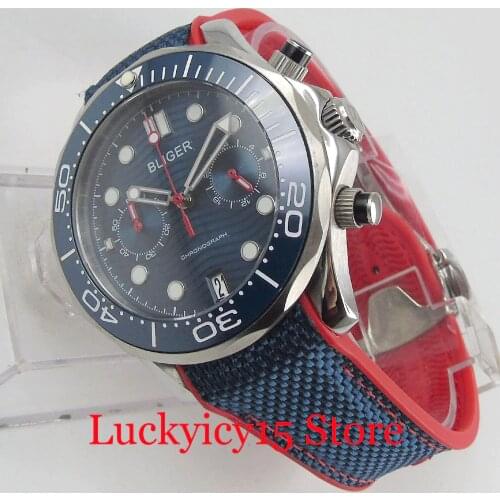 BLIGER Quartz 41mm Men Watch Blue Dial Sapphire Glass Chronograph Function Date Window Rubber Strap