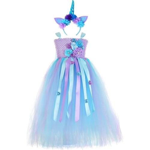 Flower Girls Unicorn Tutu Dress Pastel Rainbow Princess Girls Birthday Party Dress Children Kids Halloween Unicorn Costume 1-14y