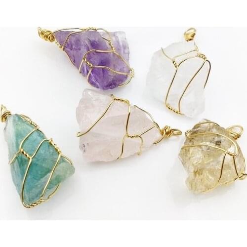 Natural gems stone Pendants Jewelry Wire Wrapped freeform crystal gold color plated Necklace for DIY making