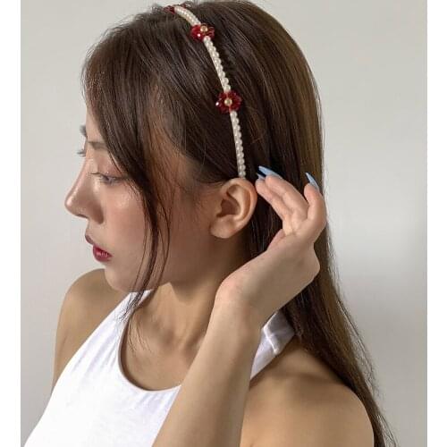 Origin Summer Textured Simulation Pearl Beaded Hair Band for Women Girls Crystal Contrast Color Weave Holiday Hair Accessories