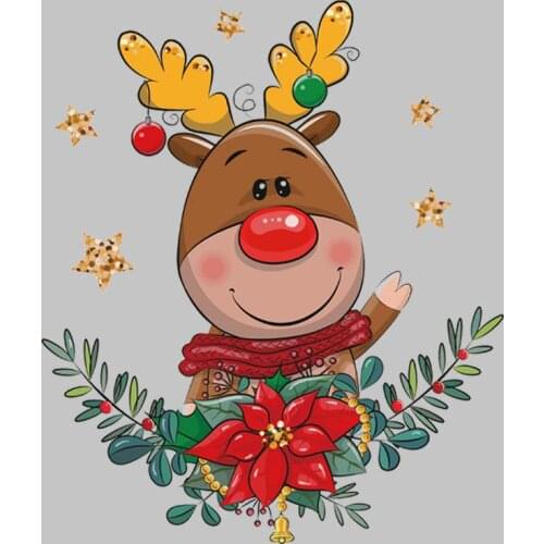 Christmas Deer Patch For Clothes Tops Fashion Heat Transfer Appliqued Diy Vinyl Thermal Patch Cute Flower Deer Sticker