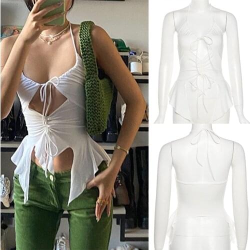 Sexy Ruffles Cut Out Tank Tops Y2K Fashion Bandage Hollow Out Halter Tops Drawstring Clubwear