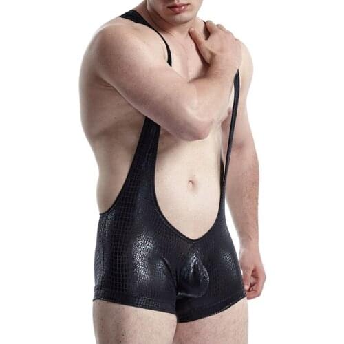 Sexy Men Bodysuits Leotard PU Leather Wrestling Singlet Jumpsuits Bugle Pouch Undershirts Shorts Teddies Clubwear One-Piece 2XL