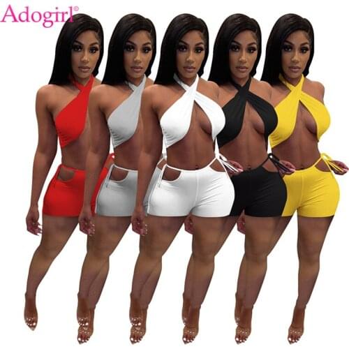 Adogirl Women Solid Tracksuit Cross Halter Backless Crop Top Lace Up Hollow Out Shorts Casual Active Two Piece Set Summer Outfit