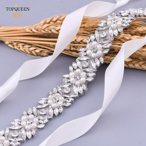 TOPQUEEN S449 Pearl and Rhinestone Belt for Wedding Dress Silver Shiny Belt Cinch Belt with Cristals Gorgeous Bridesmaids Belt