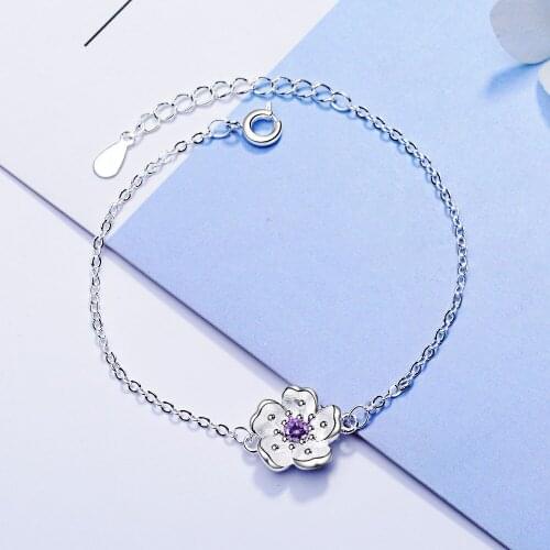 Romantic Silver color Pink/Purple Crystal Zircon Cherry Blossom Flower Bracelets & Bangles For Women pulseira feminina