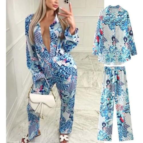 Klkxmyt Za Women Suits Blue Print Blouse Shirt+Wide Leg High Waist Pants Set 2021 Vintage 2 Pieces Sets Women Autumn Casual Suit