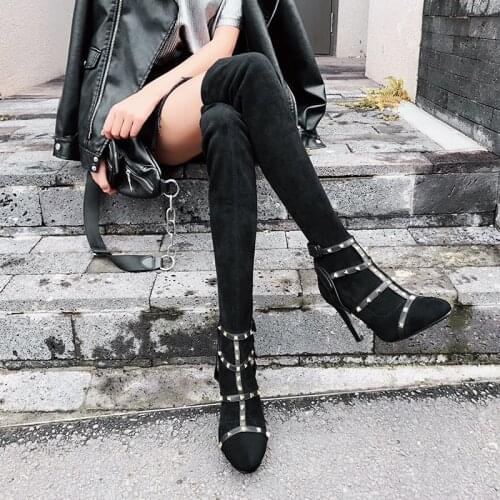 LOVIRS Women Over-knee boots Rivets Decoration Pointed Toe Stiletto High Heel Boots Sexy Party Shoes For Women Warm Short Plush