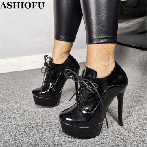 ASHIOFU New Style Women High Heel Pumps Cross Shoelace Patent Leather Platform Dress Shoes Low-cut Evening Fashion Black Shoes