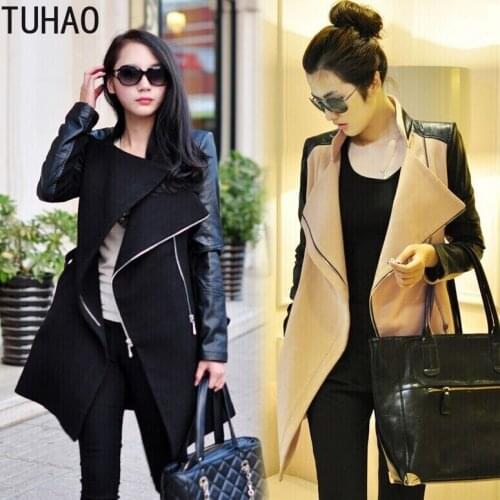 TUHAO WInter Women Solid PU Coat Patchwork Mandarin Collar Zipper Office Lady COATS Sashes Leather Femme Outwear LW166