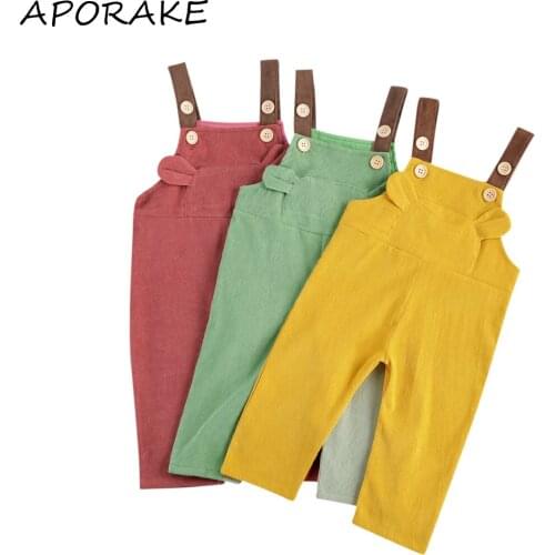 2020 0-24M Toddler Kids Girl Boy Solid Color Corduroy Overalls Cute Ears Pocket Suspender Pants Bib Trousers Fall Winter Outfits