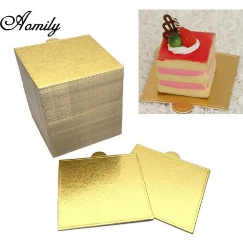 Aomily 100pcs/Set Gold Printing Square Mousse Cake Boards Paper Cupcake Dessert Displays Tray Wedding Cake Pastry Decorative Kit