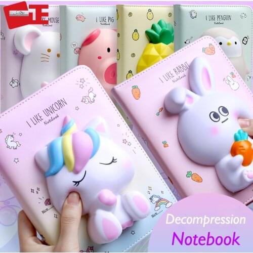 Kawaii Reduced Pressure Diary PU Leather 3D Unicorn Student Decompression Notebook Thick Paper Color Page Office Stationery