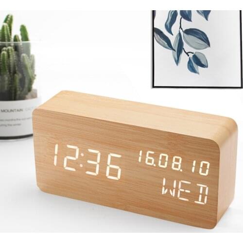 Wooden LED Alarm Clock Sound Control Electronic Digital Clock Bedside Wake Up Desktop Table Clocks with Temperature Humidity