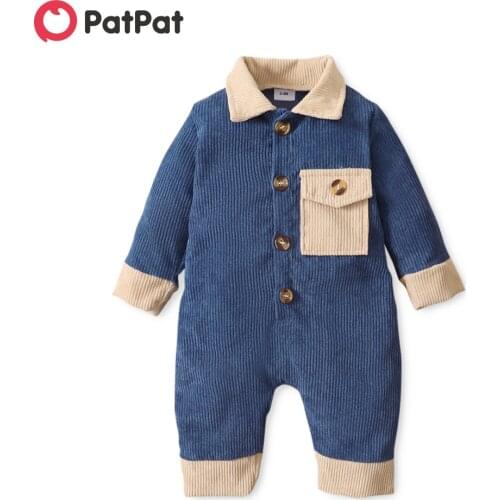 PatPat Corduroy Lapel Collar Button Front Long-Sleeve Baby Jumpsuit