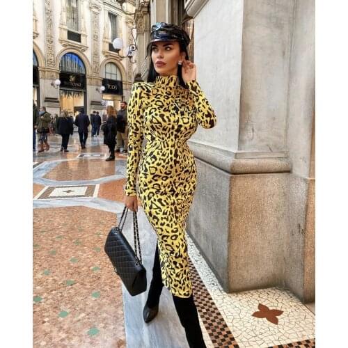 Women Sexy Full Sleeve Designer Leopard Yellow Night Club Party Dress Ladies Trendy Knee Length Dress Vestido