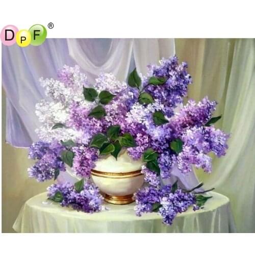 DPF white table purple flower 5D diamond painting cross stitch needlework diamond mosaic square home decor diamond embroidery
