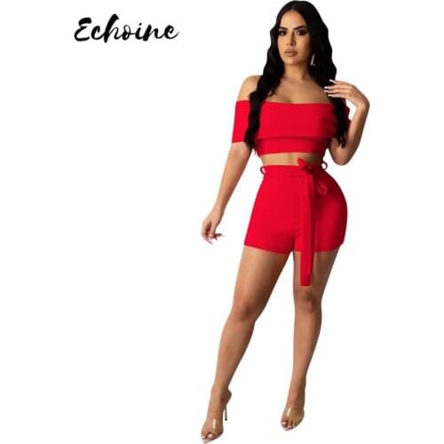 Echoine Solid Color Sexy Slash Neck Top Shorts Two Piece Set Off Shoulder Crop Top Slim fit Waist Sexy Strapless Club Style
