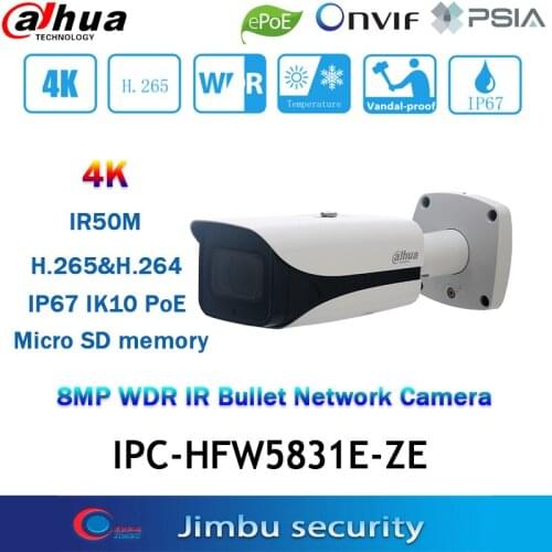 Dahua IP Camera POE 8MP IPC-HFW5831E-ZE 2.7 ~ 12 mm motorized lens IR50M 1/1 Alarm Micro SD Slot Up To 128G IP67, IK10 IVS
