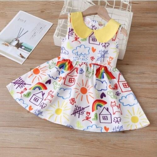 Little Girl’s Summer Vest Style Dress Sweet Drawing Graffiti Printing High Waist A-line Princess Dress Girls Casual Dresse