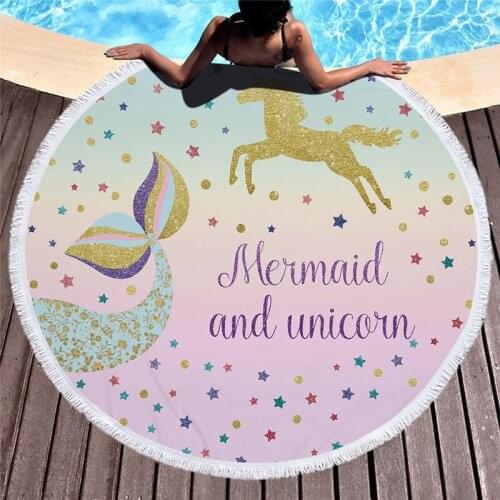 Microfiber Round Beach Towel Rainbow Mermaid Unicorn Cartoon Beach Mat Tassel Tapestry Kids Yoga Mat Camping Travel Towel 150cm