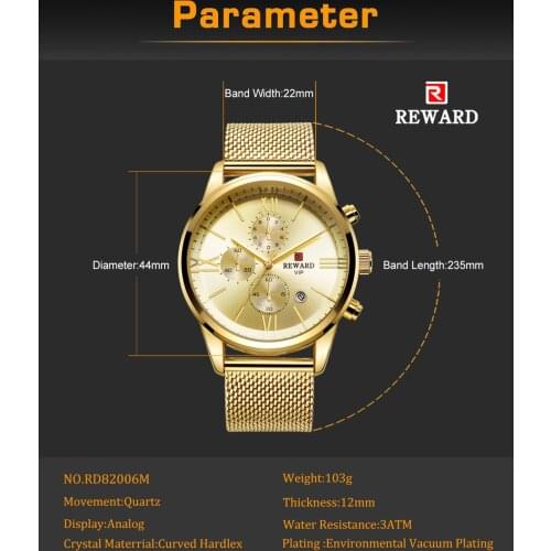 REWARD Mens Watches Top Brand Luxury Fashion Men Mesh Watch Chronograph Sport Gold Waterproof Mens Watch Male Clock Date 2021