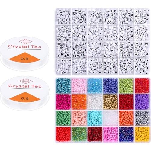 4000 Pieces Craft Bead Set Contains Colorful Beads 24 Colors and Letter Beads for Bracelets Jewelry Making with Elastic Threads