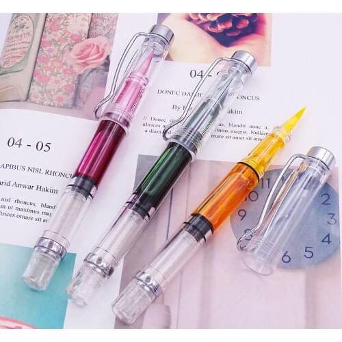 3PCS Wingsung 3009 Wing Sung Piston Calligraphy Brush Pen Transparent Soft Brush Nib Silver Trim Art Drawing Writing Gift Pen