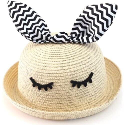 New cute kids girls straw sun hat children bow striped bucket hat Panama boys and girls Visor beach cap