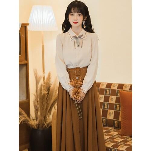 2021 autumn fashion suit womens retro shirt high waist large swing skirt two-piece graceful daily commuter professional suit