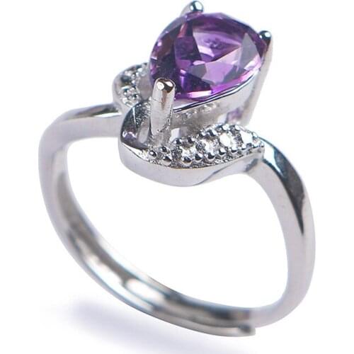 Genuine Natural Purple Crystal Quartz Transparent Stone Bead Adjustable Size Nice Stering Sliver Ring 10*6*4mm