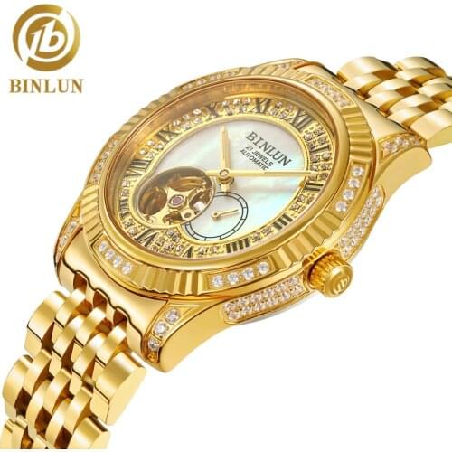 BINLUN 18K Gold Luxury Automatic Watch Skeleton Movement Watch Mens Sapphire Crystal Diamond Automatic Business Mens Watches
