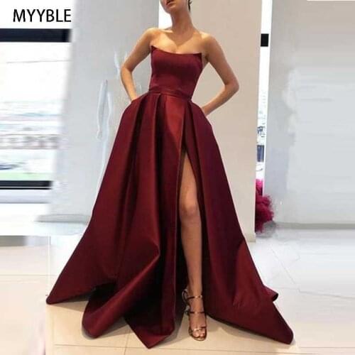 MYYBLE Sexy Strapless Evening Dress Long Sleeveless Side Split Vestidos Satin A Line Party Gowns Evening Gowns Robe De Soiree