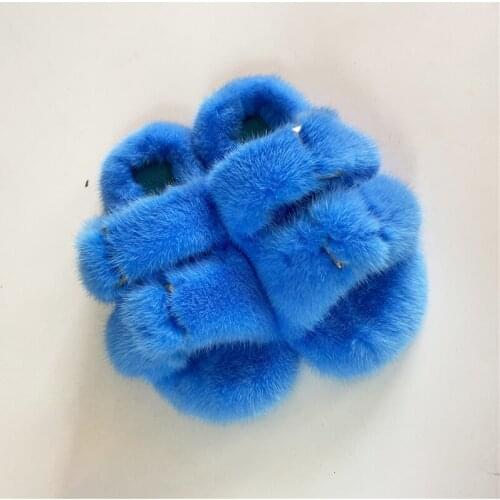 Childrens Real Mink Fur Slippers For Girls Furry Family Sandals For Girls Fluffy Flat Slippers Fur Slippers