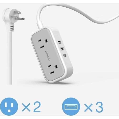 TESSAN 5 in 1 Power Strip CA Flat Plug with 5ft Extension Cable Socket Extender with 2 Outlets and 3 USB Ports Office Adapter
