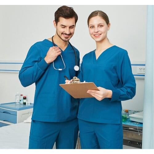 Women Mens Medical Scrubs Nurse Uniform Set Winter Workwear Long Sleeve Relaxed Top Pant Kit Doctor Working Suits 8020-02