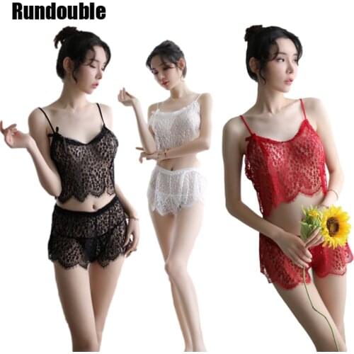 Lace Sexy See Through Nightdress Set 2PCS Womens Erotic Transparent Sleepwear Summer Deep V-Neck Backless Temptation Lingerie