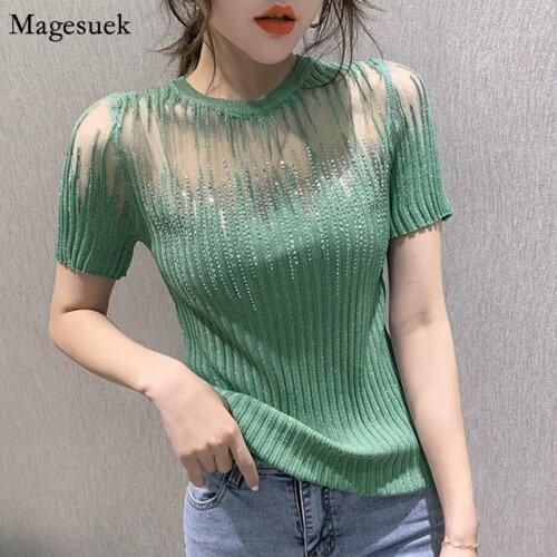 2021 Short Sleeve Summer Blouse Women Casual Diamonds See Through Shirts For Women Korean Style Elastic Knitted Tops Shirt 10059