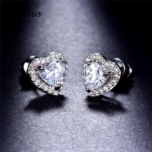 Bamos Small Love Heart Stud Earrings Crystal Rhinestone Earring For Women White Gold Filled Wedding Jewelry Accessories