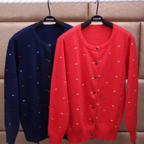 100%cashmere womens thicken cardigan sweater mini jacquard O-neck commuting orange red plus size S/90-5XL/125