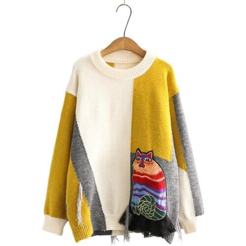 Women Sweater Cartoon Cat Embroidery Patchwork Knitted Pulover 2020 Winter Long Sleee O-neck Harakuju Cute Jumper Tops