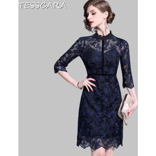 TESSCARA Women Summer Elegant Lace Dress Festa Female High Quality Vintage Designer Vestidos Office Party Pencil Robe Femme