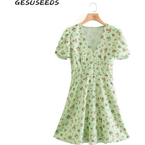 Korean Floral Dress Women 2021 Summer Short Sleeve Dresses Casual Mini Dress V Neck A Line Dresses Slim Holiday Dress Green