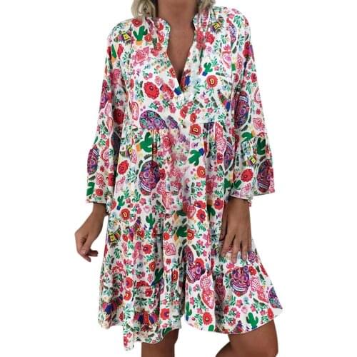 Beach Style Sukienka Bohemian Womens Ladies Loose Print Three Quarter Sleeve Mini Dress Summer Dress Harajuku Above Knee Robe