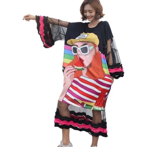 Kawaii Cartoon dress Mesh Sleeve women dresses Black 2019 New ulzzang Korean Style Long Sleeve summer Mesh Sleeve LT187S50
