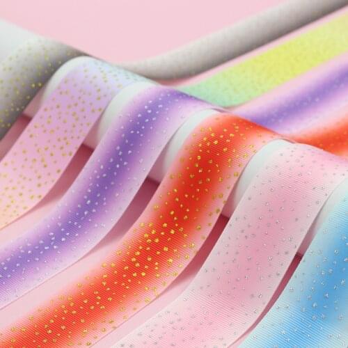 4 Yards/Roll 38mm Gradient Color Print Pattern Grosgrain Ribbon With Glitter Metallic Handmade Hair Knot Girl Headdress Sewing